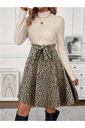 Kadın Uzun Kollu Balıkçı Yaka Belden Bağlamalı üst Kaşkorse Eteği Dalgıç Elbise