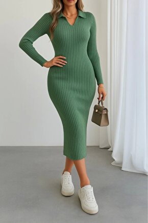 Kadın Uzun Kollu Yakalı Triko Elbise