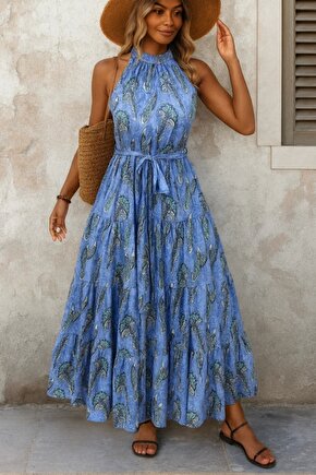 Kadın Omuzlardan Açık Boyundan Geçmeli Desenli Süprem Bluz