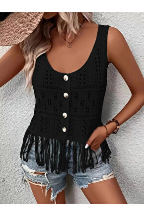 Kadın askılı yuvarlak yaka önden düğmeli püsküllü triko bluz