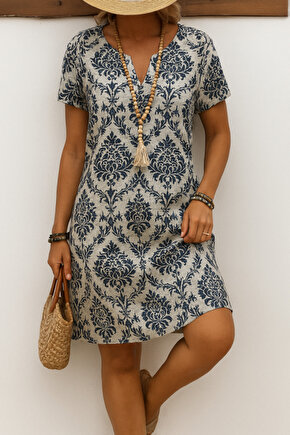EQURİ Kadın Kısa Kollu çentik Yaka çiçek Desenli Keten Elbise