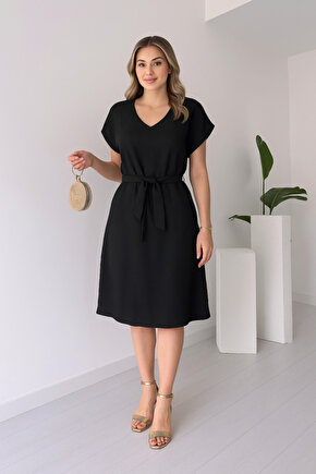 EQURİ Kadın Kısa Kollu V Yakalı Beli Kuşaklı Ithal Keten Elbise