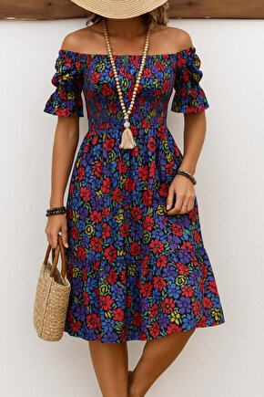 EQURİ Kadın Kısa Kollu Kare Yakalı Beli Lastikli çiçek Desenli Mini Süprem Elbise