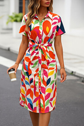 EQURİ Kadın Kısa Kollu Yakalı önü Düğmeli önden Drapeli Desenli Süprem Elbise