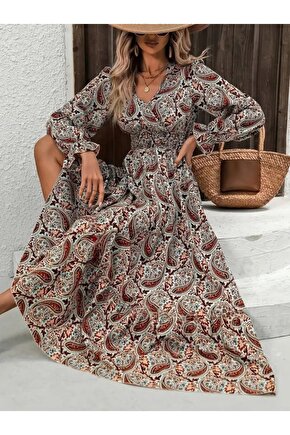 EQURİ Kadın Uzun Kollu V Yakalı Beli Lastikli Desenli Süprem Elbise