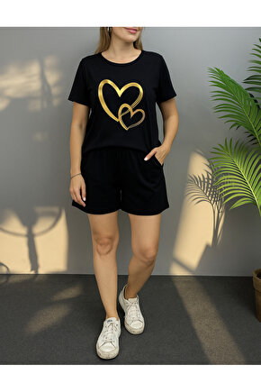 EQURİ Kadın Kısa Kollu Bisiklet Yaka Viskon Iki Iplik Bluz Ve Short Ikili Takım