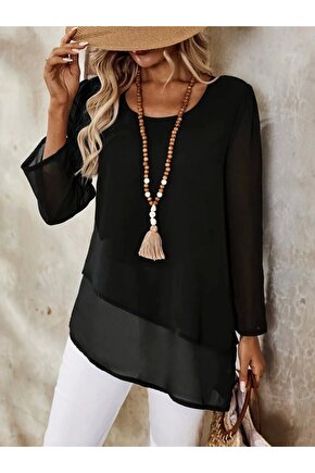 Kadın Uzun Kollu Yuvarlak Asimetrik Detaylı şifon Bluz