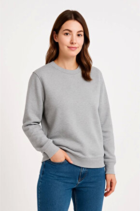 EQURİ Üç İplik Düz Bisiklet Yaka SweatShirt - Gri