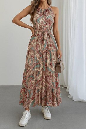 Kadın Halter Yakalı Omuzlardan Açık Kuşaklı Maksi Boy Desenli Süprem Elbise