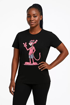 Kadın Bisiklet Yaka Kısa Kollu Baskılı T-shirt - Siyah