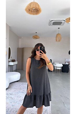 Kadın Bisiklet Yaka Eteği Volanlı Bürümcük Elbise