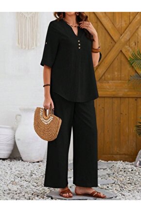 EQURİ Kadın Kısa Kollu V Hakim Yaka Düğmeli Bürümcük Bluz Ve Pantolon Ikili Takım