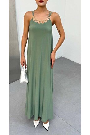 Kadın Omuz Askılı Kuş Gözü Zincir Detay Sandy Kumaş Maxi Boy Elbise