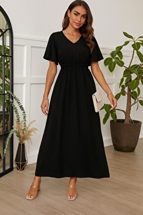 EQURİ Kadın Kısa Kollu V Yakalı Beli Lastikli Uzun Viskon Elbise