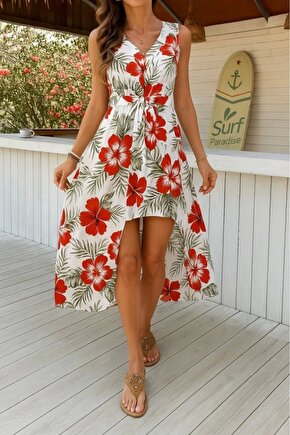 Kadın Kolsuz V Yakalı Desenli Süprem Tulum Elbise