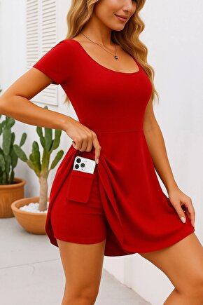 Kadın Kısa Kollu Kare Yaka Short Detaylı Cepli Dalgıç Elbise