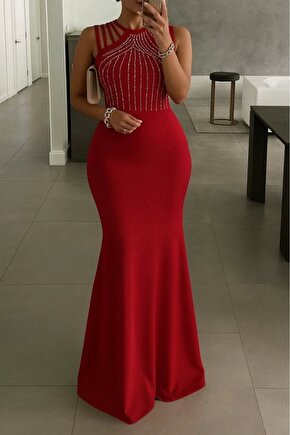 Kadın Omuz çoklu Askılı önü Taş Işlemeli Balık Kesim Janjan Krep Maxi Boy Elbise