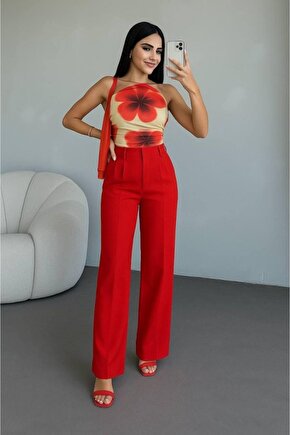 EQURİ Kadın Yüksek Bel Plise Detay Bol Paça Pantolon