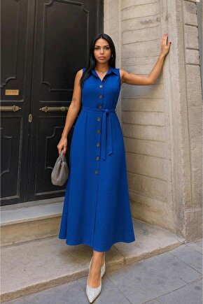 Kadın Düğme Detay Kuşak Dahil Elbise