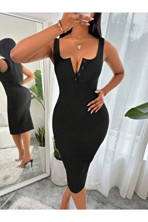 EQURİ Kadın Askılı önü Düğmeli Midi Kaşkorse Elbise