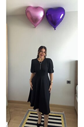 EQURİ Kadın Kısa Balon Kollu Bisiklet Yaka Kiloş Janjan Krep Elbise