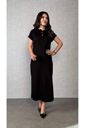 EQURİ Kadın Kısa Kollu Yakalı Yandan Yırtmaçlı Viskon Iki Iplik Elbise