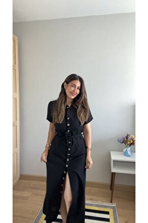 EQURİ Kadın Kısa Kollu Yakalı önden Düğmeli Beli Kuşaklı Ithal Keten Elbise