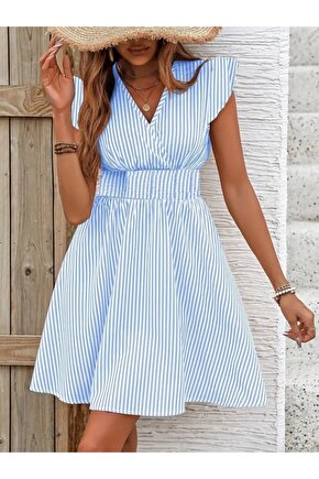 EQURİ Kadın Kısa Kollu Kruvaze Yakalı Poplin Elbise