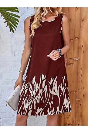 EQURİ Kadın Askılı Yuvarlak Yakalı Yaprak Desenli Dalgıç Elbise