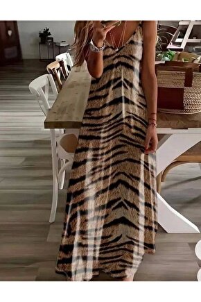 Kadın Dijital Baskılı Suprem Kumaş Askılı Maxi Boy Elbise
