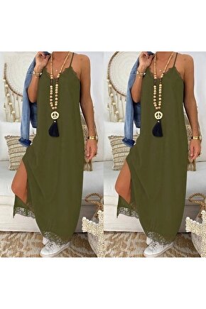 Kadın Haki Dantel Detay Viskon Elbise 3798