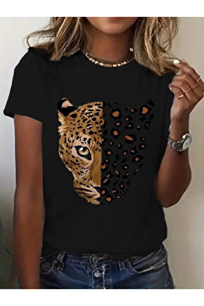 Kadın Kısa Kollu Bisiklet Yaka Desenli Viskon Bluz