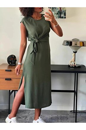 Kadın Kısa Kollu Yuvarlak Yaka Belden Bağcıklı önden Yırtmaçlı Aerobin Elbise
