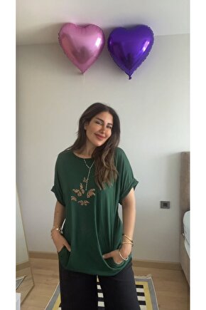 EQURİ Kadın Kısa Kollu Bisiklet Yaka Cepli Kelebek Baskılı Viskon Elbise