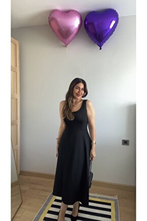 EQURİ Kadın Askılı Kare Yaka Yırtmaçlı Midi Janjan Krep Elbise