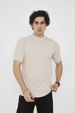 Unisex Bisiklet Yaka Slim fit T-Shirt- Bej