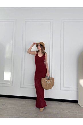 Örgülü Uzun Triko Elbise - Bordo