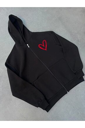 Üç İplik Baskılı Fermuarlı Kapüşonlu Hırka - Siyah
