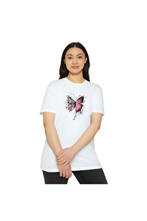 Unisex Kadın Bisiklet Yaka Baskılı T-Shirt - Beyaz