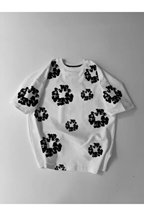 Ön ve Arka Baskılı Oversize Bisiklet Yaka T-shirt- Beyaz