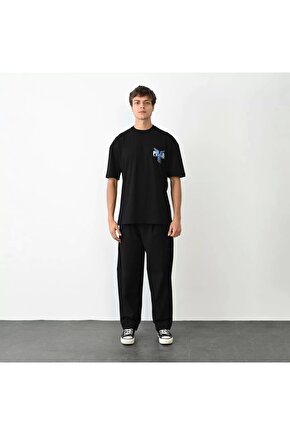 Unisex Bisiklet Yaka Baskılı Oversize T-Shirt - Siyah