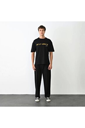 Unisex Bisiklet Yaka Baskılı Oversize T-Shirt - Siyah