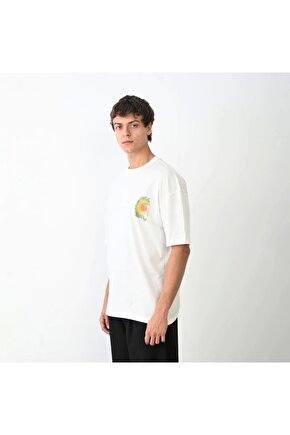Unisex Bisiklet Yaka Baskılı Oversize T-Shirt - Beyaz