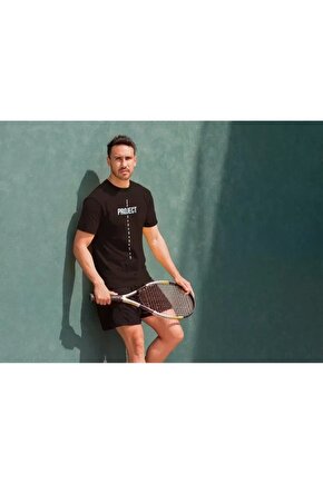 Unisex Bisiklet Yaka Baskılı Oversize T-Shirt - Siyah