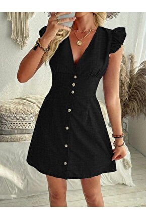 Kadın Fırfır Kollu V Yakalı Düğmeli Keten Elbise