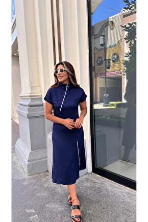 Kadın Kısa Kollu Yakadan Ve Etekten Fermuarlı Midi Viskon Iki Iplik Elbise