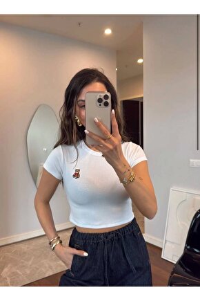 Bisiklet Yaka Kısa Kollu Nakışlı Crop - Beyaz