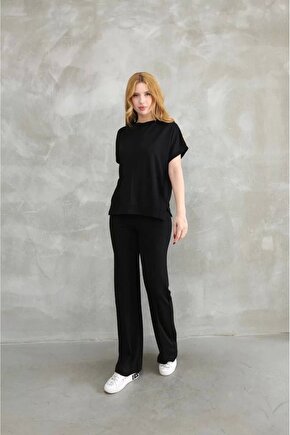 Osy Modal Yumuşak dokulu Kumaş Bisiklet Yaka Kısa Kollu Takım - Siyah