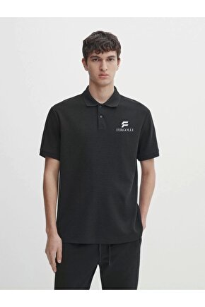 Yakası Düğmeli Yakalı Pike Baskılı T-Shirt - Beyaz