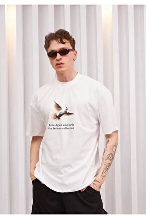 Unisex Bisiklet Yaka Baskılı Oversize T-Shirt - Siyah